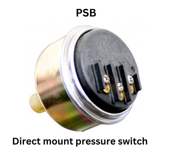 A direct mount pressure switch labeled psb, showcasing its compact design and functionality in a clear view